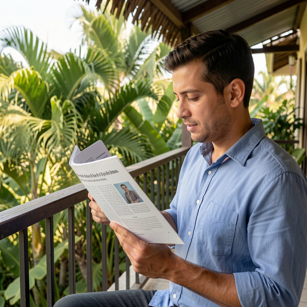 Man reading a printed health article beside a shaded balcony with tropical foliage