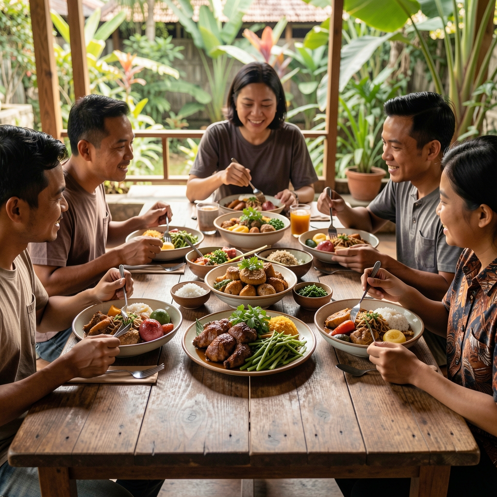 Small group sharing a colourful Indonesian meal around a wooden table in natural light
