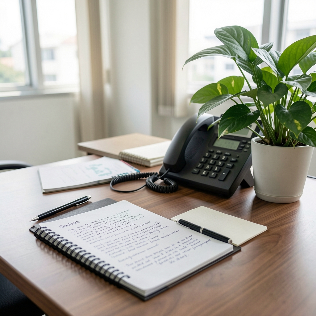 Editorial desk with handwritten notes, telephone and leafy plant in a calm Jakarta office