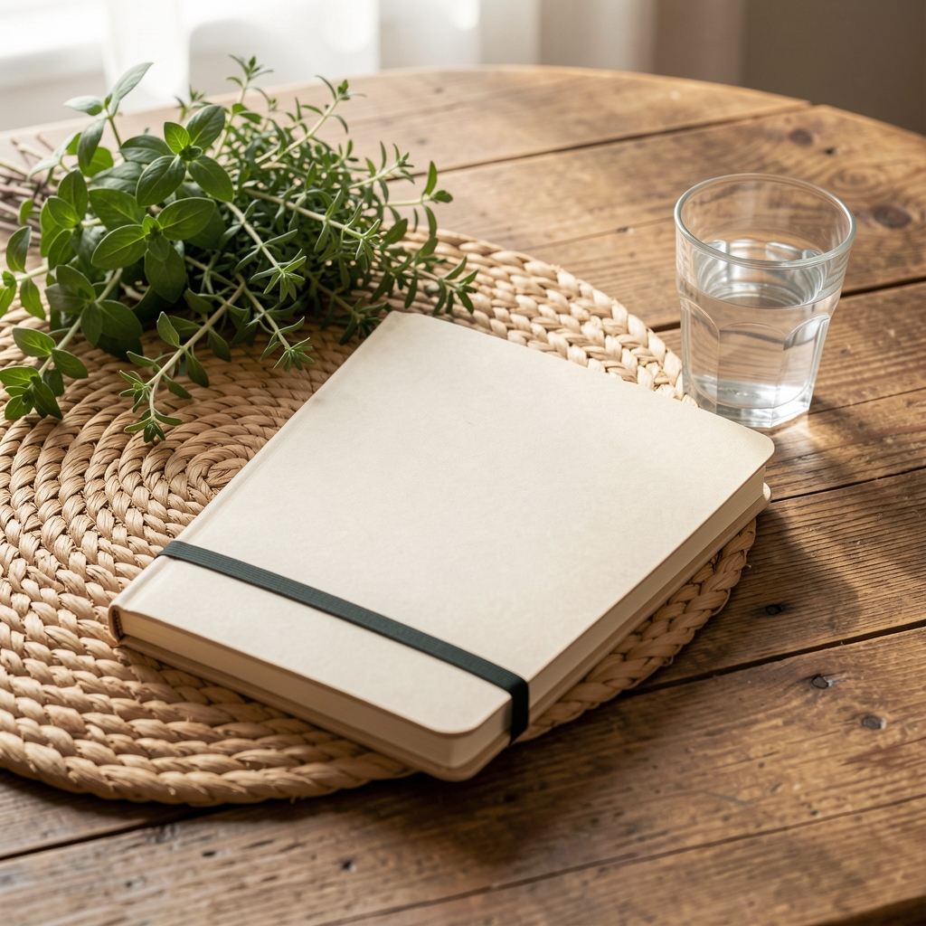 Wooden table holding a notebook, woven mat, fresh herbs and a glass of water in soft daylight