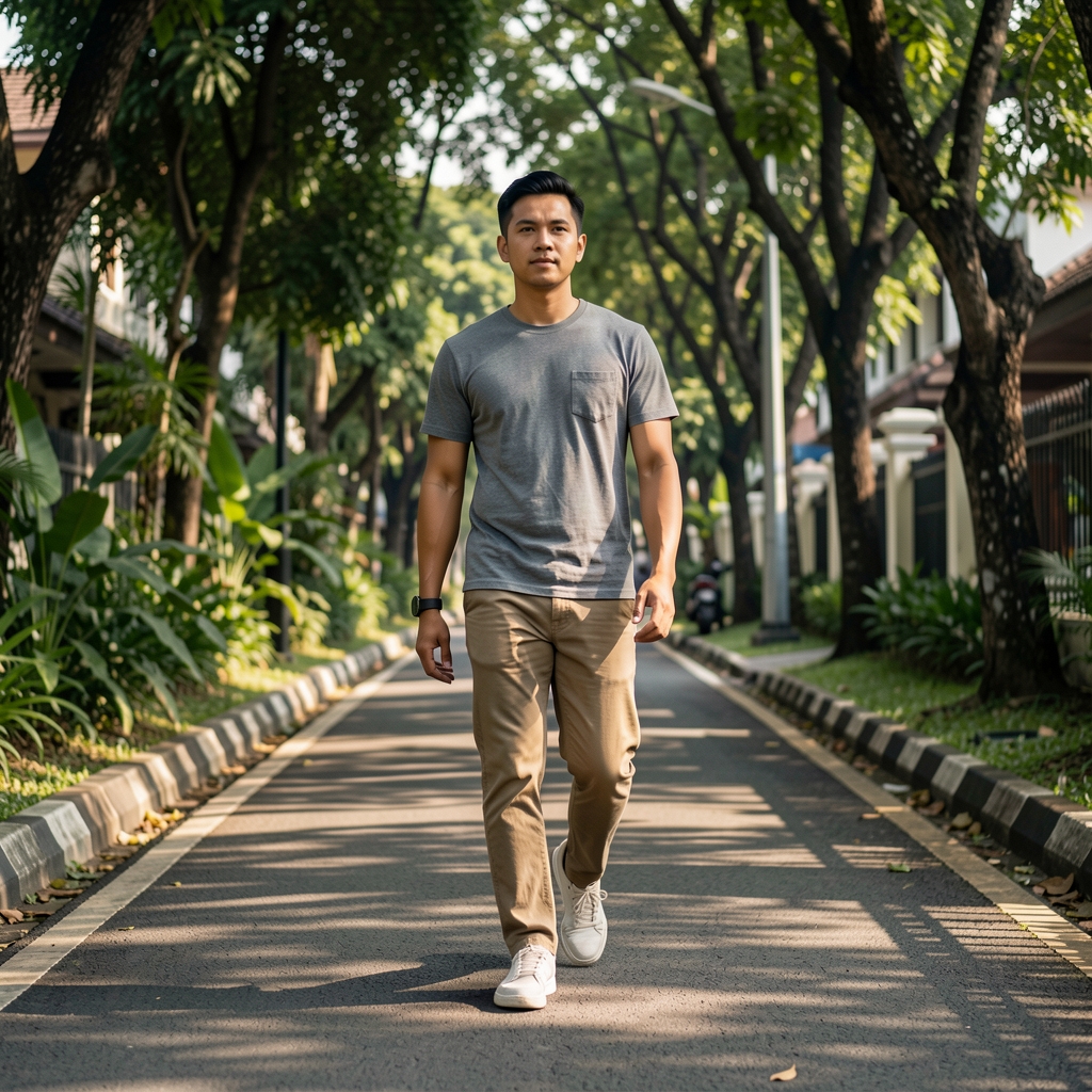 Man walking on a shaded Jakarta path wearing comfortable everyday clothes