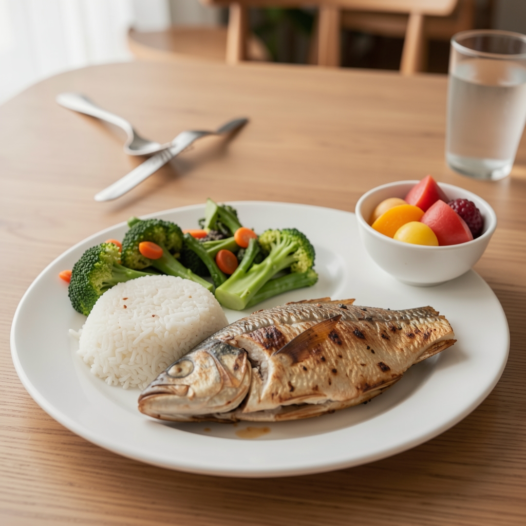 Balanced Indonesian lunch with rice, vegetables, fish and a small bowl of fruit