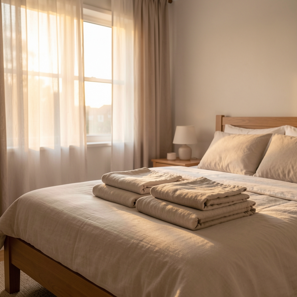 Peaceful bedroom with curtains open to gentle dawn light and neatly folded linen