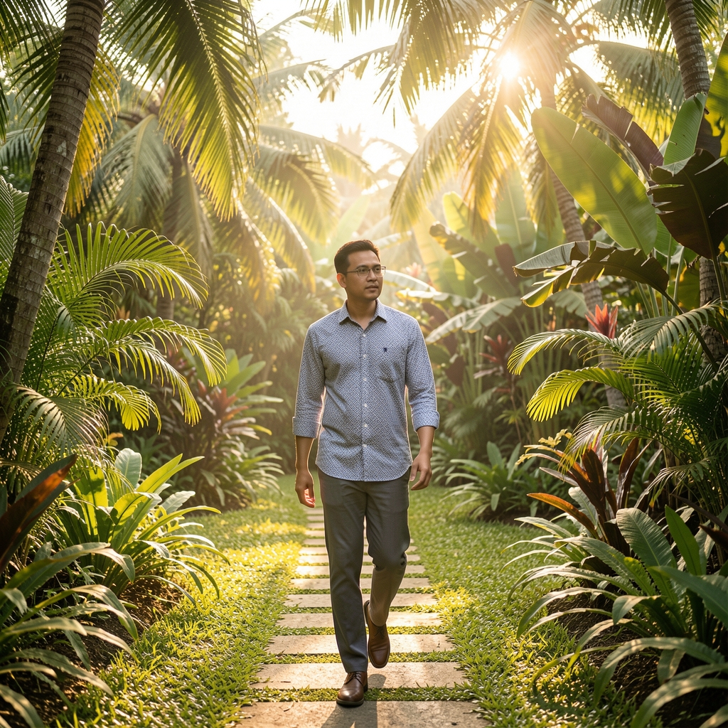 Mature Indonesian man walking through a sunlit tropical garden in Jakarta with calm morning light