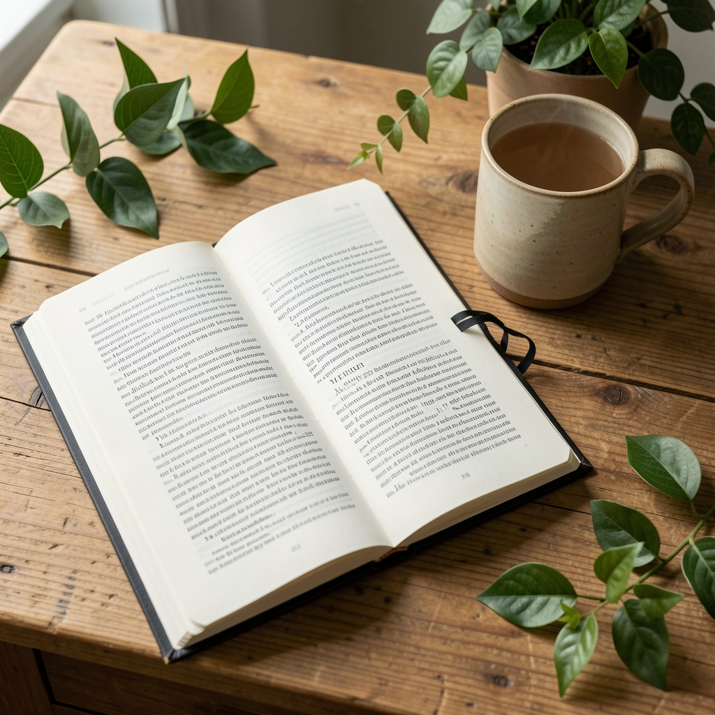 Open editorial notebook beside a ceramic cup and green leaves on a natural wood desk