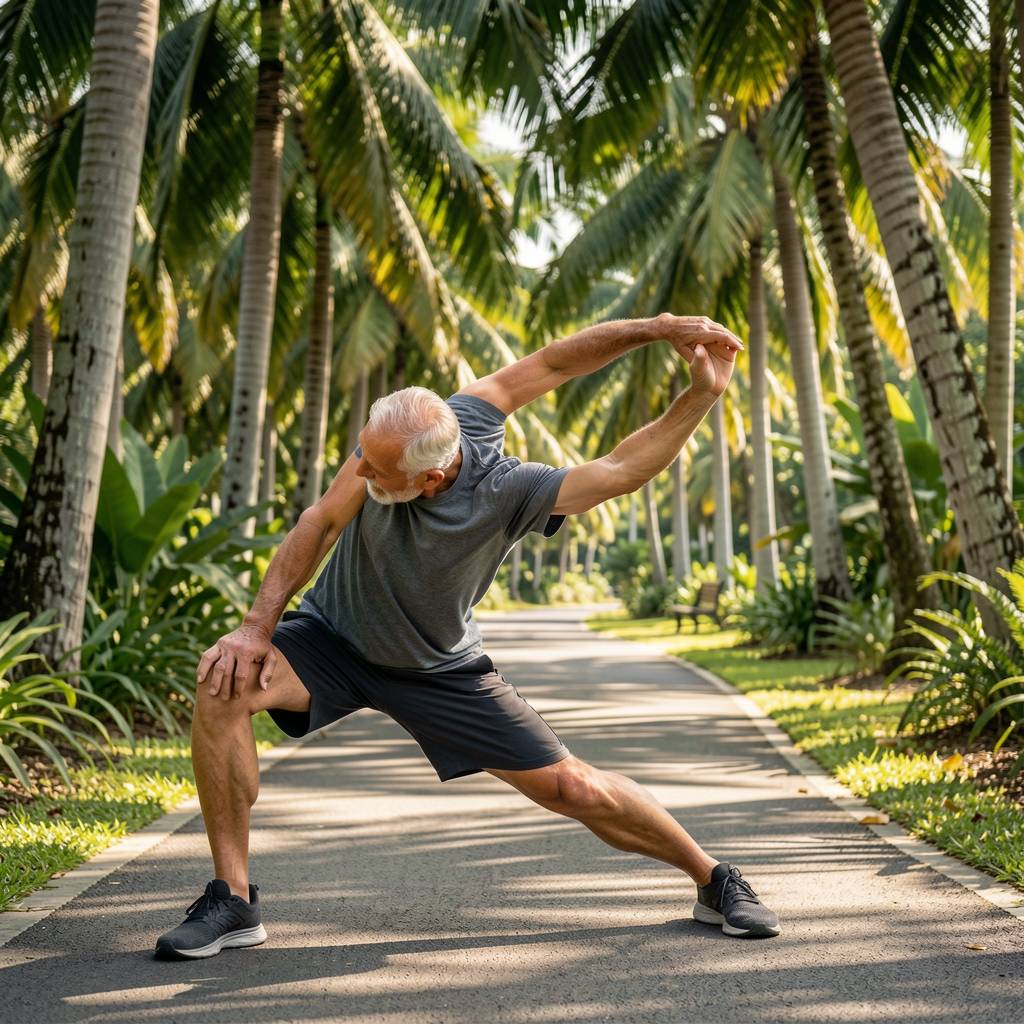 Mature man stretching gently beside a park path shaded by tropical trees
