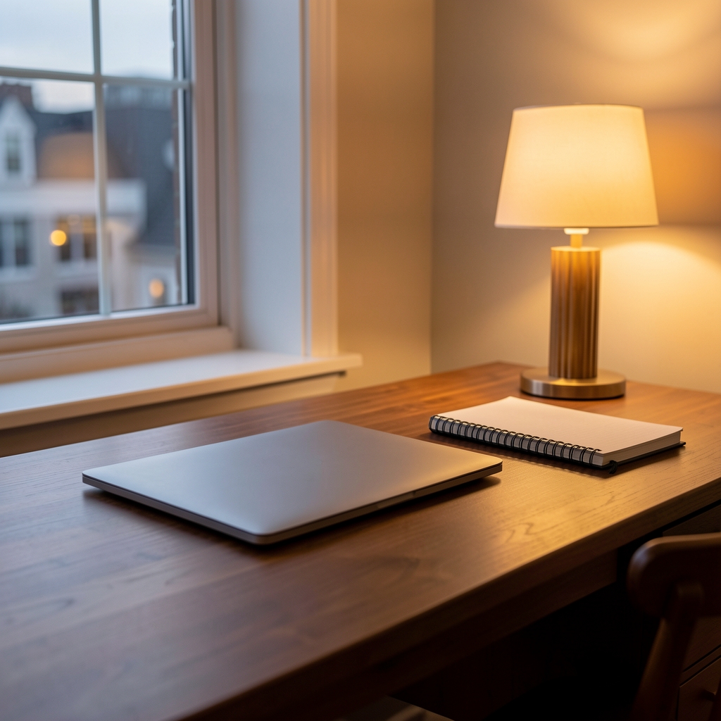 Quiet evening desk with a closed laptop, notebook and warm lamp beside a window
