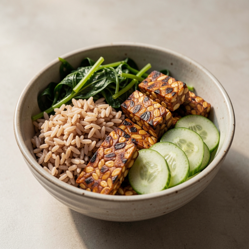 Balanced ceramic bowl with brown rice, greens, grilled tempeh and sliced cucumber