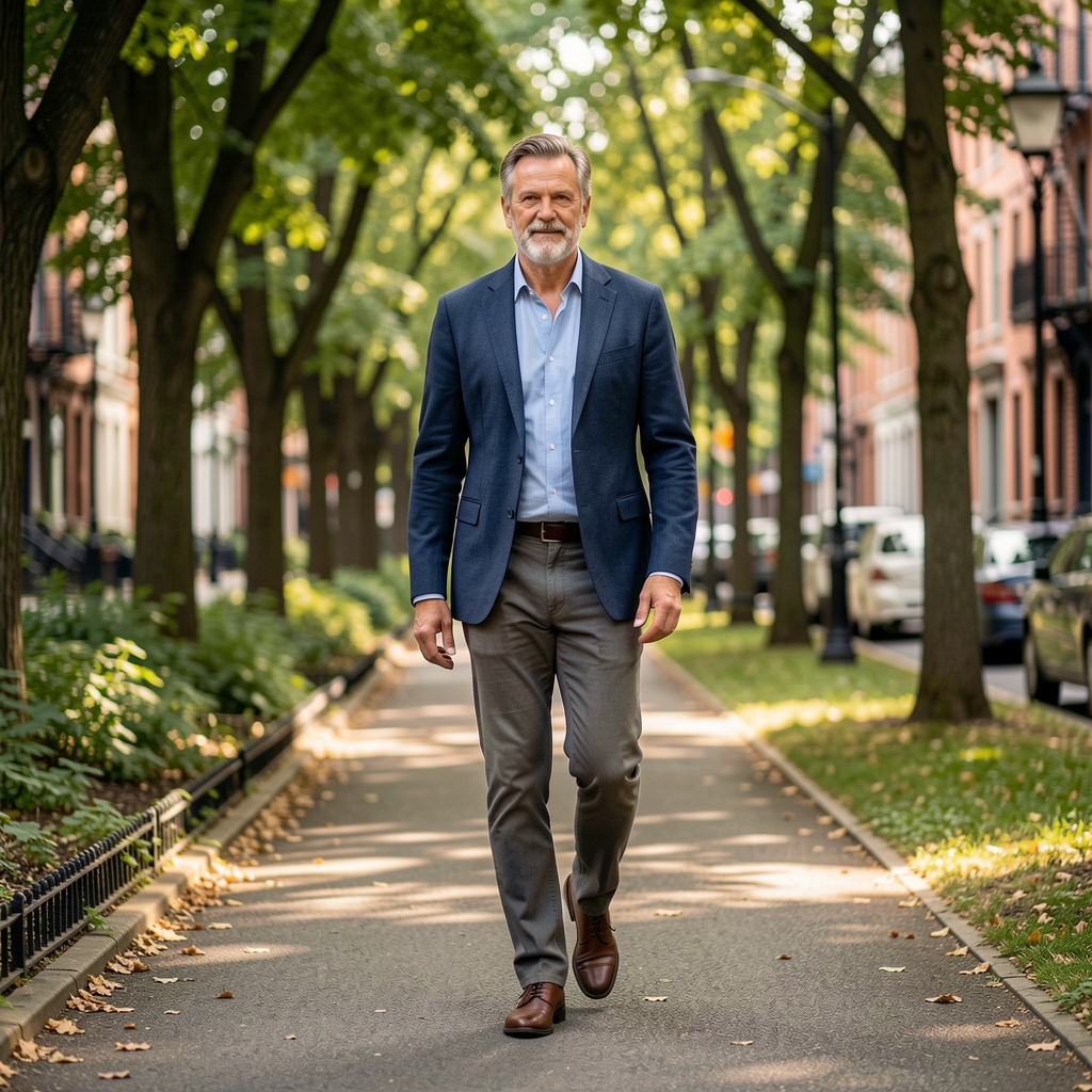 Mature man walking with relaxed posture along a leafy urban path in South Jakarta