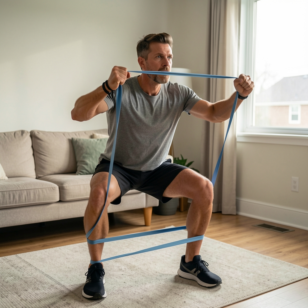 Man performing a controlled resistance exercise with a resistance band in a quiet home room