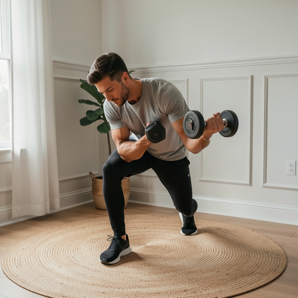Man doing a controlled dumbbell exercise in a tidy home corner with a woven mat