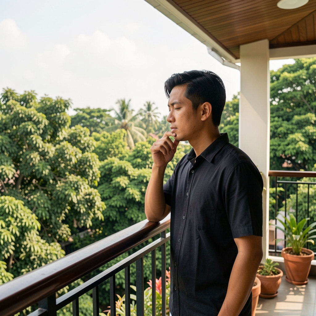Man taking a quiet breathing pause on a shaded balcony overlooking Jakarta trees