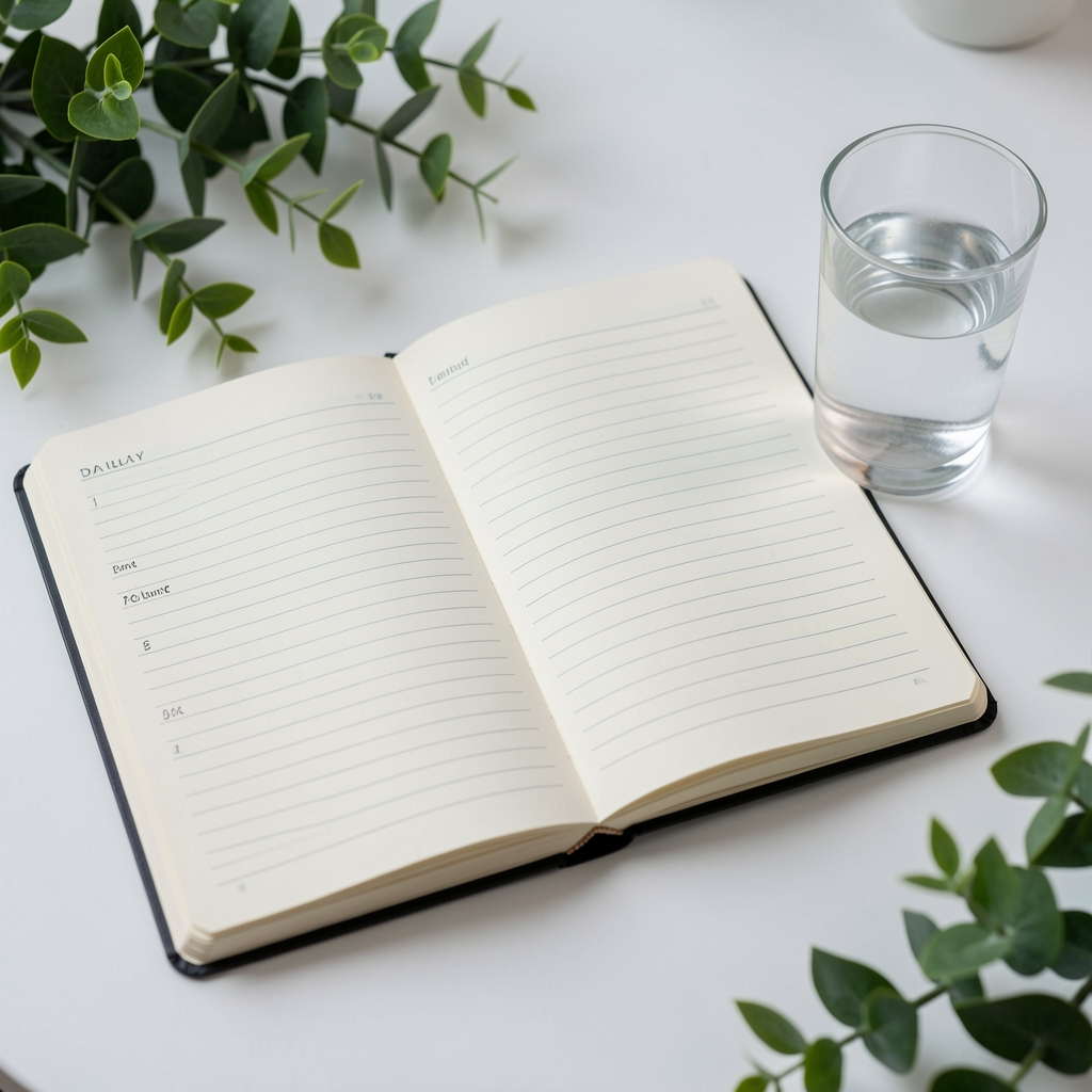 Open notebook with a simple daily plan beside a glass of water and green leaves