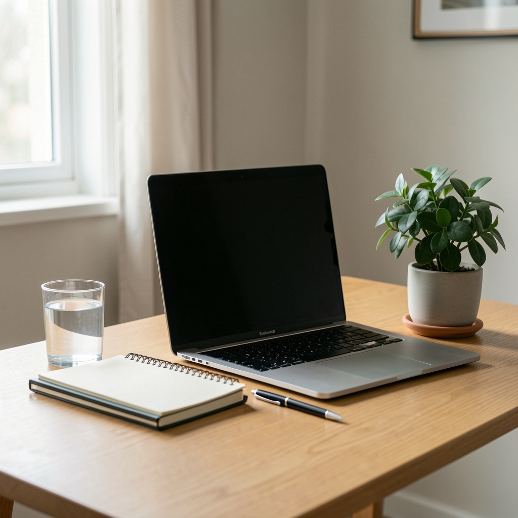 Natural-light home workspace with laptop, notebook, water and a small leafy plant